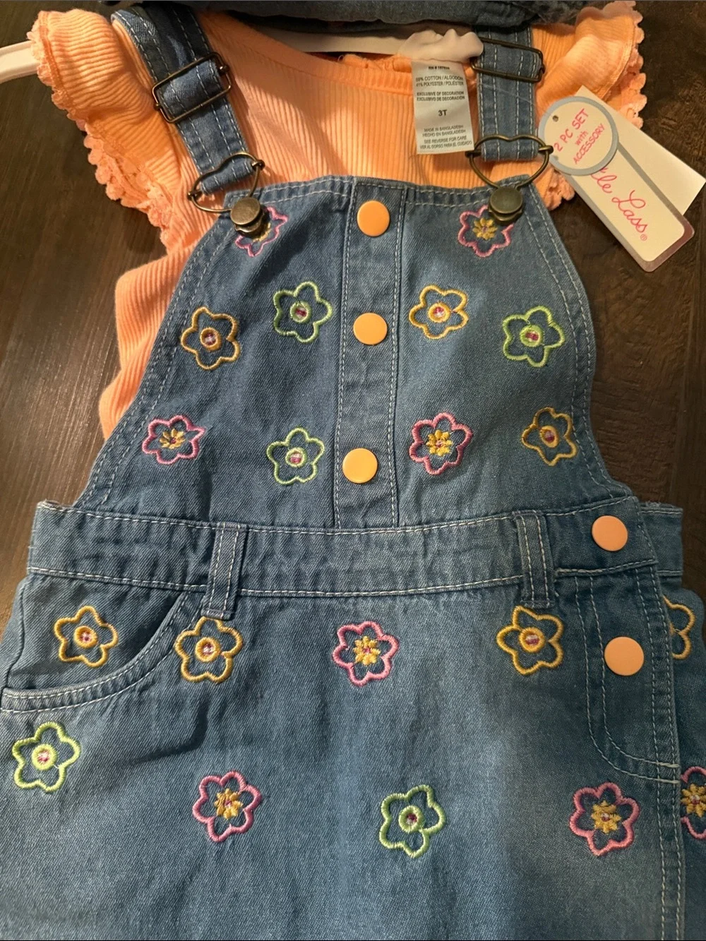 Little Lass Blue Denim Floral Overall Dress with Peach Top & Blue Bucket Hat